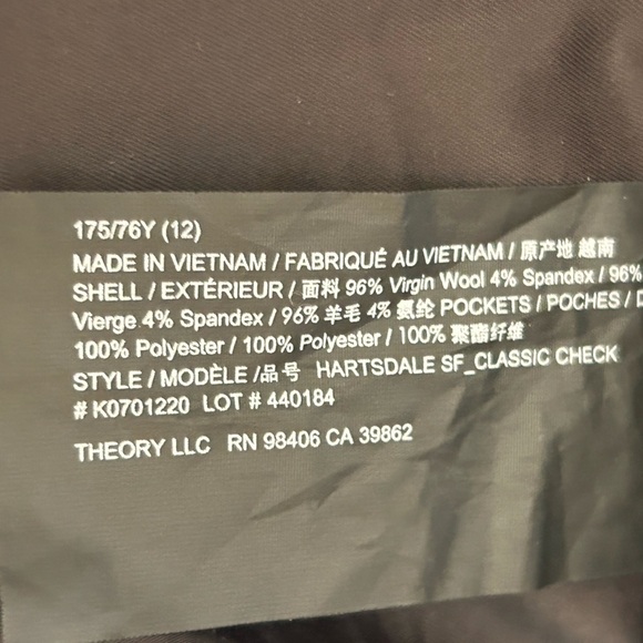 Theory Heartsdale Clasic Check Wool Blend Trouser Pants Workwear Office, size 12 - Picture 9 of 9